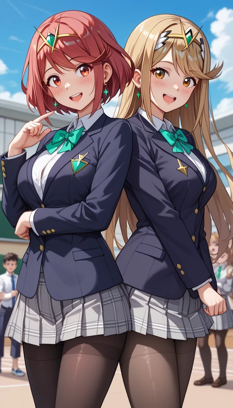 score_9, score_8_up, score_7_up, source_anime、top quality、8k、 masterpiece、ultra high definition、 natural light、perfect anatomy、 perfect eye、beautiful eyes、((((two women))))、medium breasts、saggy breasts:1.2、Pyra , mythra, (school uniform、blazer、ribbon、miniskirt、pantyhose)、((is embarrassing:1.3、happy))、(school classroom in front of a crowd)、standing sexy pose