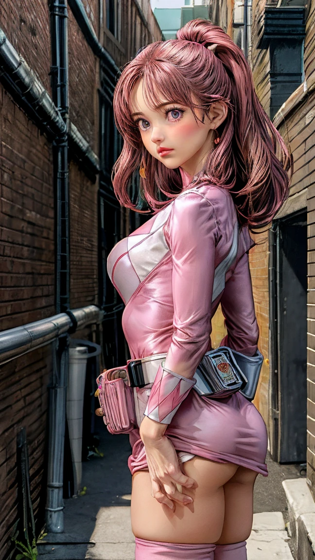 1girl,cowboy shot, beautiful nora_valkyrie, looking at viewer, smile, short hair, blue eyes,heart cutout, gloves, jacket, pink skirt, pink belt, short sleeves, puffy sleeves, single armband, fingerless gloves, orange hair, pink gloves, dynamic pose, night, outdoors, city, (volumetric lighting), best quality, masterpiece, intricate details, tonemapping, sharp focus, hyper detailed, trending on Artstation, big breasts and slender body