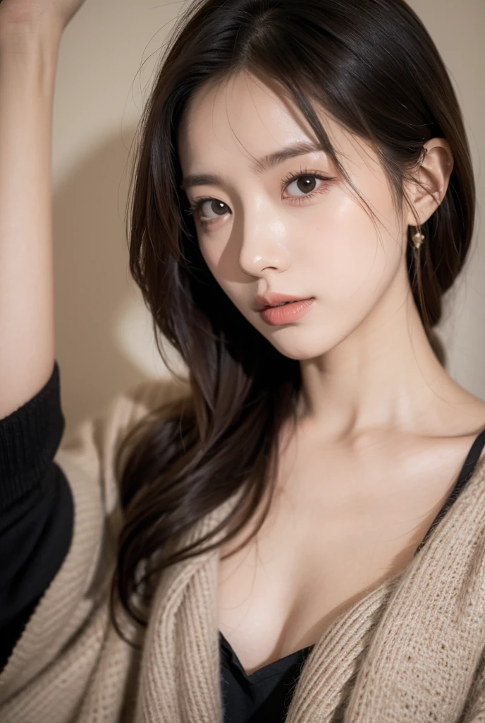 （lifelike,high resolution：1.3）， A slim girl， The face shape and eyes are super delicate,black hair,red glossy lips,(pretty face), (best quality), (super detailed), (Extremely detailed CG unified 8k wallpaper),((tight sweater)),(White background),(A little cleavage),(model photos),sexy look,big eyes,(Permanently installed),(air bangs),(slim waistline)，eyes on the audience,Teardrop-shaped breasts,Soft breasts,very realistic breasts,Character centered,Cross your hands on your chest