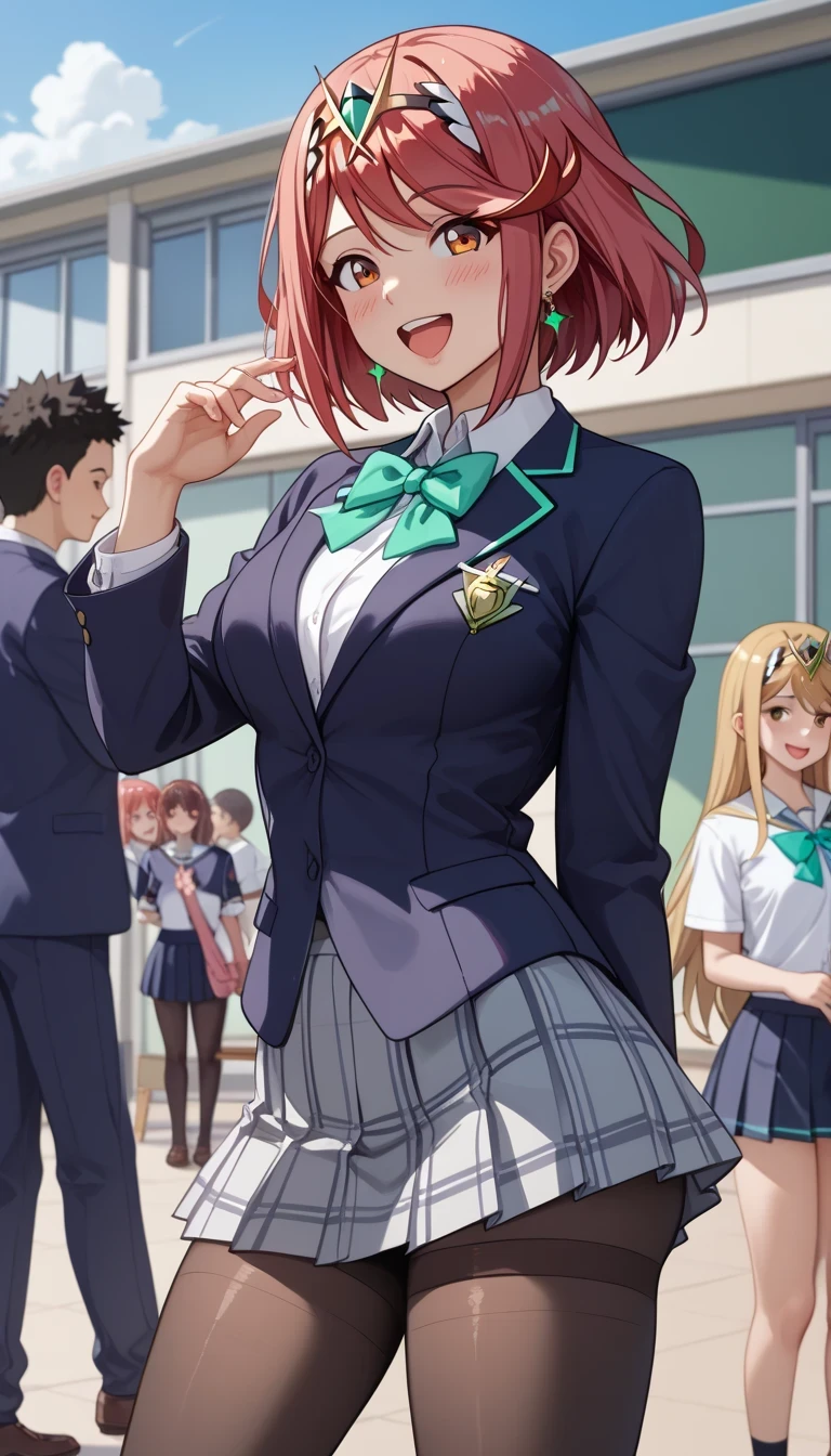 score_9, score_8_up, score_7_up, source_anime、top quality、8k、 masterpiece、ultra high definition、 natural light、perfect anatomy、 perfect eye、beautiful eyes、((((two women))))、medium breasts、saggy breasts:1.2、Pyra , mythra, (school uniform、blazer、ribbon、miniskirt、pantyhose)、((is embarrassing:1.3、happy))、(school classroom in front of a crowd)、standing sexy pose