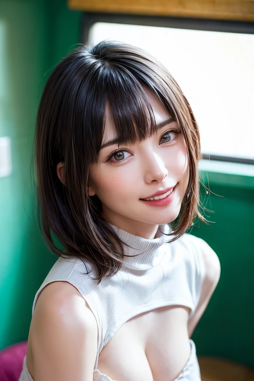 best quality, photorealistic, 8k, high res, 1girl, woman, (skindentation), (portrait:0.6), ((poolsidebackground:1.2)), ((highneck sweater:1.4)), straight-looking at viewer:1.6, (1girl eyes looking at viewer, short-length hair, blackhair, bangs:1.25), photorealistic, (bokeh), ((closed mouth)), gorgeous, pureerosface_v1,