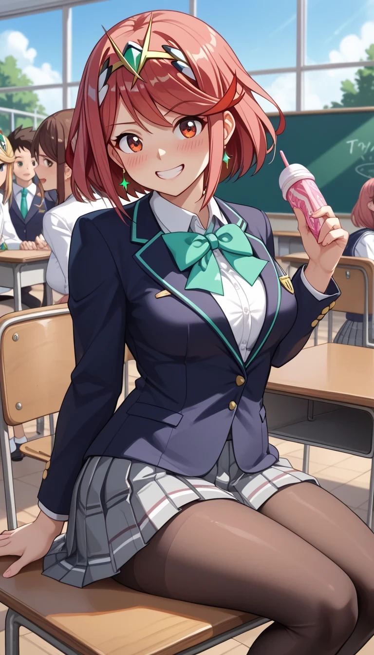 score_9, score_8_up, score_7_up, source_anime、top quality、8k、 masterpiece、ultra high definition、 natural light、perfect anatomy、 perfect eye、beautiful eyes、((((two women))))、medium breasts、saggy breasts:1.2、Pyra , mythra, (school uniform、blazer、ribbon、tight miniskirt、pantyhose)、((is embarrassing:1.3、happy))、(school classroom in front of a crowd)、Sit and pose