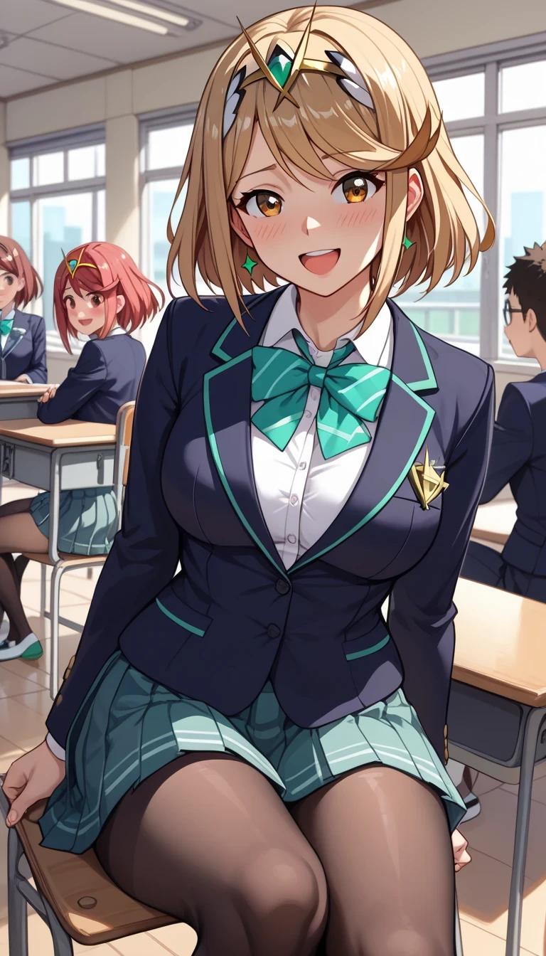 score_9, score_8_up, score_7_up, source_anime、top quality、8k、 masterpiece、ultra high definition、 natural light、perfect anatomy、 perfect eye、beautiful eyes、((((two women))))、medium breasts、saggy breasts:1.2、Pyra , mythra, (school uniform、blazer、ribbon、tight miniskirt、pantyhose)、((is embarrassing:1.3、happy))、(school classroom in front of a crowd)、Sit and pose
