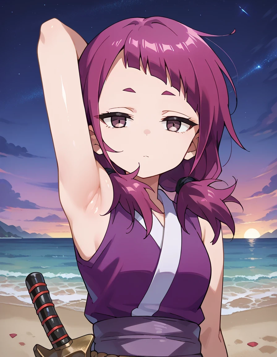 shakuyaku, sleeveless, japanese clothes, hightighs, fingerless gloves, anime screenshot, shiny skin, high quality, solo, upper body, (contrapposto), spread armpit, armpits, armpit focus, v, closed mouth, night sky, beach, looking at viewer, expressionless, best quality,