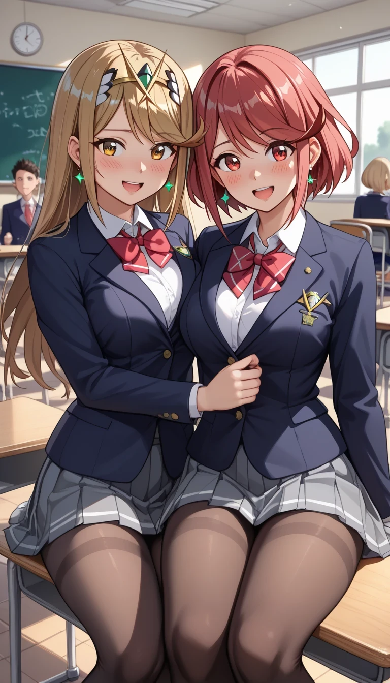 score_9, score_8_up, score_7_up, source_anime、top quality、8k、 masterpiece、ultra high definition、 natural light、perfect anatomy、 perfect eye、beautiful eyes、((((two women))))、medium breasts、saggy breasts:1.2、Pyra , mythra, (school uniform、blazer、ribbon、tight miniskirt、pantyhose)、((is embarrassing:1.3、happy))、(school classroom in front of a crowd)、Sit and pose