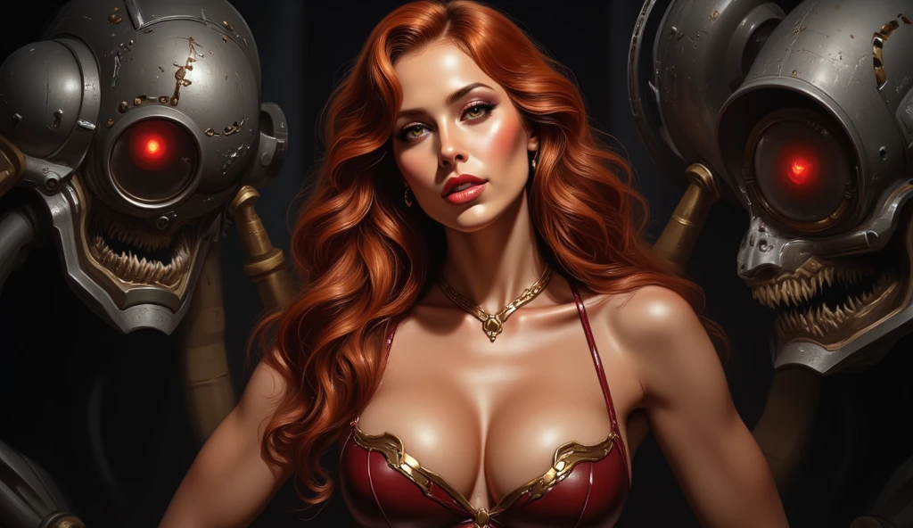 A stunning digital photograph of <lora:quiron_AnitaBlond_v1:1> AnitaBlond, (full height shot:1.4), realistic, masterpiece, best quality, high detailed, (As Disney's ultimate femme fatale, Jessica Rabbit, imagine her in her signature (evening gown. A dramatically draped high-low skirt and one-shoulder neckline are the showstoppers on this striking velvet gown.), extremely long (bright orange) hair that reaches to the small of her back, performing on stage while seducing the audience in a dimly lit 1950s nightclub. This formidable, highly detailed, high-resolution masterpiece should encapsulate her sensuality and diva-like appearance, becoming a mesmerizing piece of art in a fascinating, magnificently sharp 8K quality.:1.3),(in the style of Roger Dean:1.1), comic book character art, glamour art, cinematic art, comic book art, vibrant high contrast, trending on ArtStation, dramatic lighting, ambient occlusion, volumetric lighting, scowling, DeviantArt, hyper detailed illustration, 8k, gorgeous lighting, <lora:VampiricTech:0.2>,vamptech, scifi, (full height portrait:1.8),(A half-up, half-down style with a deep side part, featuring large, loose waves that cover half the face.:1.2) <lora:add_detail:0.25>