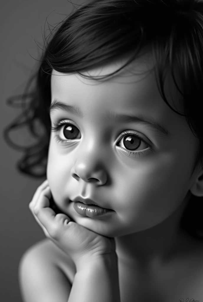 A black & white background, 2, a Bangladeshi baby with funky face & eye. Forehead is broken.