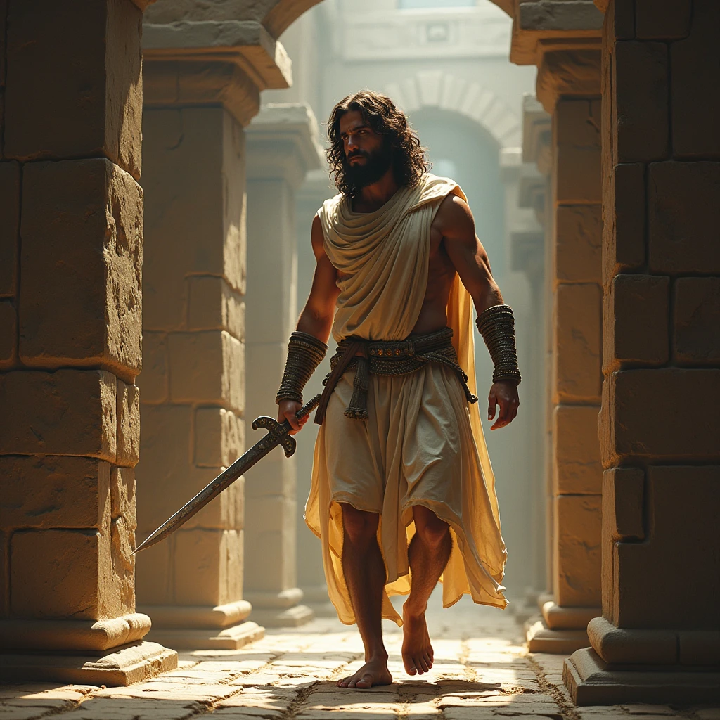 Theseus unraviling thread behind him while walking in a labyrinth