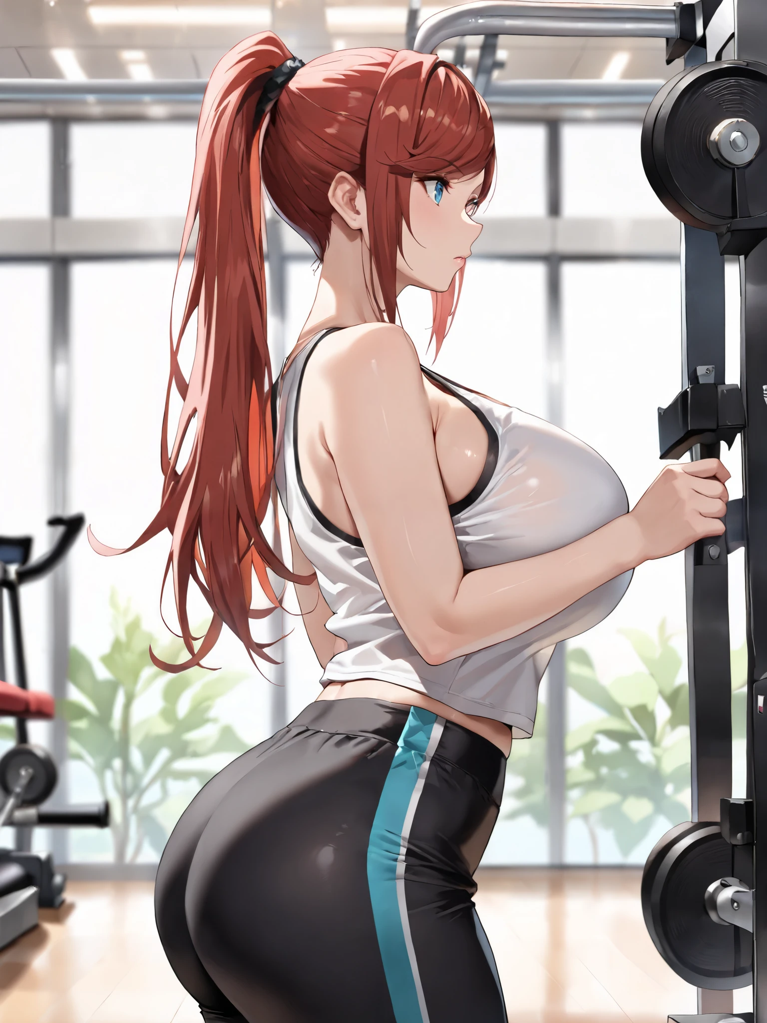 Masterpiece, 1girl, twin tails, long hair, red hair, blue eyes, light blush, sweat, choker, tshirts, tucked in tshirts, big breasts, cleavage, yoga shorts, thighs, sunshine, standing, looking away, in the gym, cowboy shot