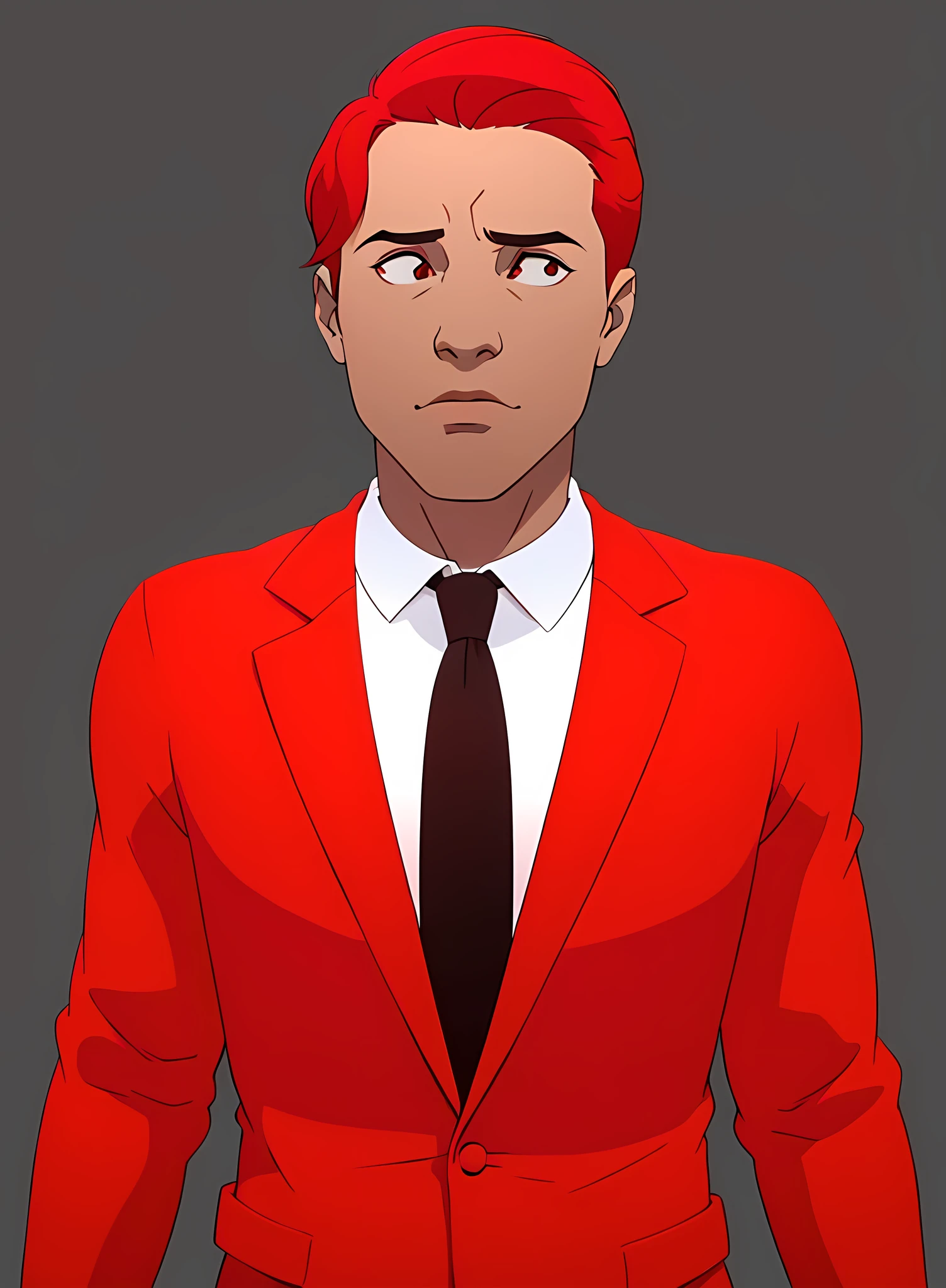 Eddie-Red A young man,  red hair,  combed hair, red eyes,  wearing a red suit jacket, black tie