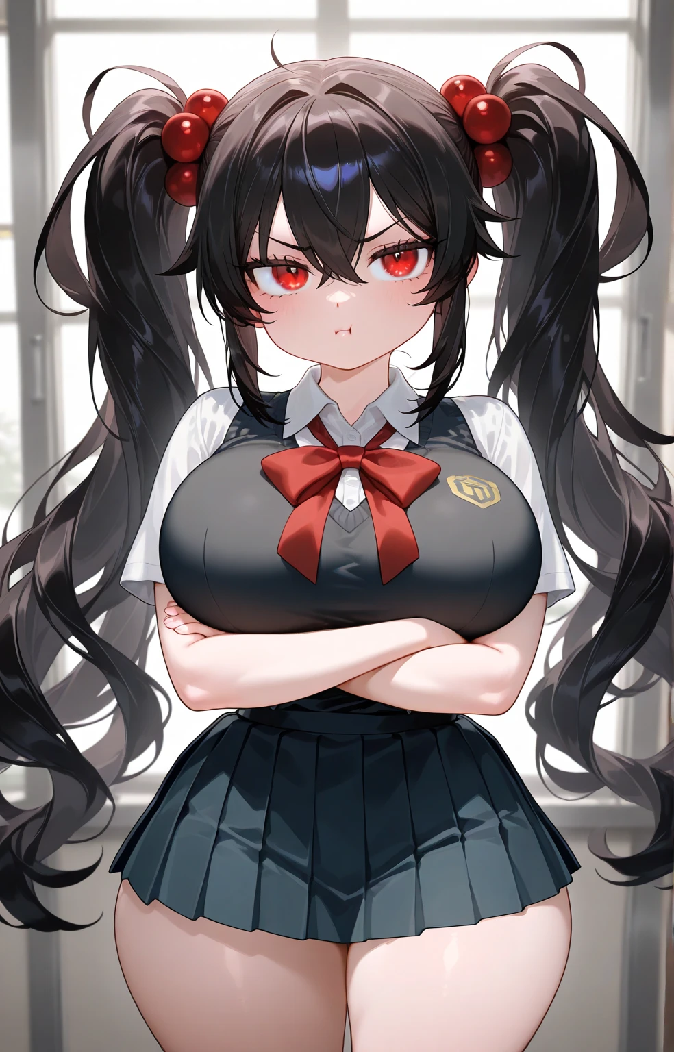 1 girl as yukino yukinoshita, absurdres, highres, solo, school uniform, big breasts, waist long black hair, (twintails:0.5), miniskirt, black thighhigh socks, loose red ribbon, unbuttoned white shirt, (ahegao:1.1), (rolling eyes:1.1), (female masturbation:1.1)