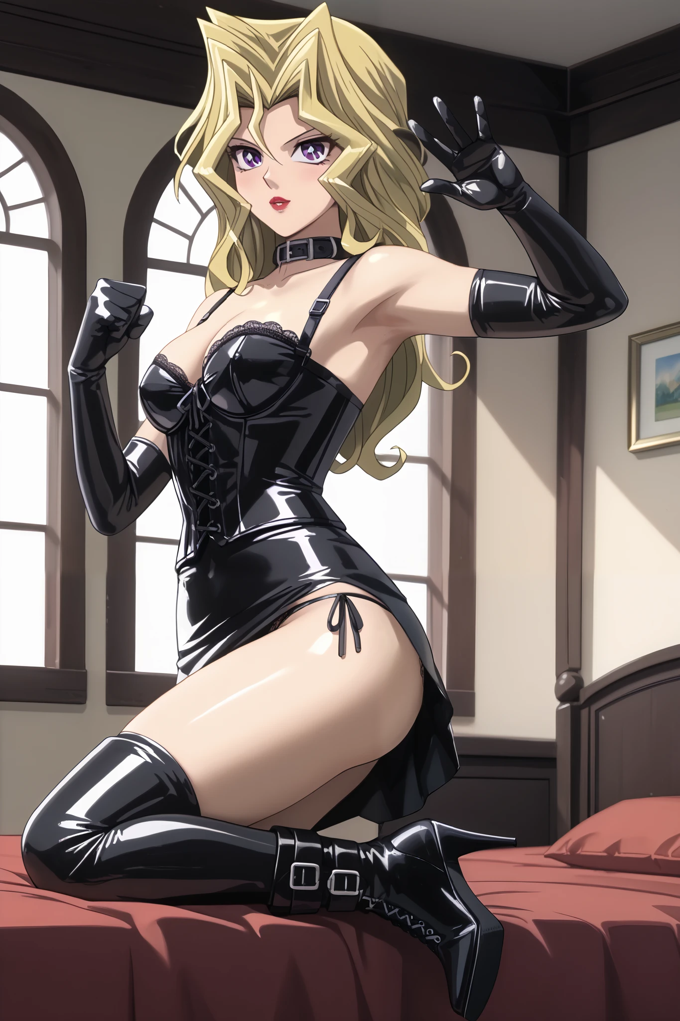 BDSM、Queen、mistress、(((One girl)))、solo、(((Black latex elbow gloves:1.4 )))、(((Black latex corset dress:1.4)))、(((The corset dress is decorated with beautiful lace.)))、(((Corset dress with shoulder straps)))、(((Black latex tight mini skirt:1.4)))、(((Black Thigh Boots)))、(((Black fishnet stockings:1.2 )))、(((Stiletto heels:1.4)))、(((Black latex panties)))、(((Black latex bra)))、(((Black leather collar)))、(((Sexy pose:1.4 )))、Wide-open legs:1.2、(((Erotic)))、(((Cowboy Shot)))、(((Sexy pose)))、Spread your legs、(((erotic)))、(((Cowboy Shot)))、force_Chainsaw Man, force_csm, Blonde Hair, Yellow Eyes, Cruciform pupil, Symbol-shaped pupil, Red Corner, Sharp teeth, Long bangs, One girl, alone, 黒のT-Shirts, Black Shirt, T-Shirts, Loose fitting shirt, Black Slack Pants, Are standing, Open Pose, View Viewer, Facing the audience, Upper Body, Eye height, Concrete wall background, plain Concrete wall background, photo shoot, highest quality, Super detailed, beautiful, masterpiece, highest quality、Wicked Smile:1.4. Cold Stare、Contempt、contempt、blush