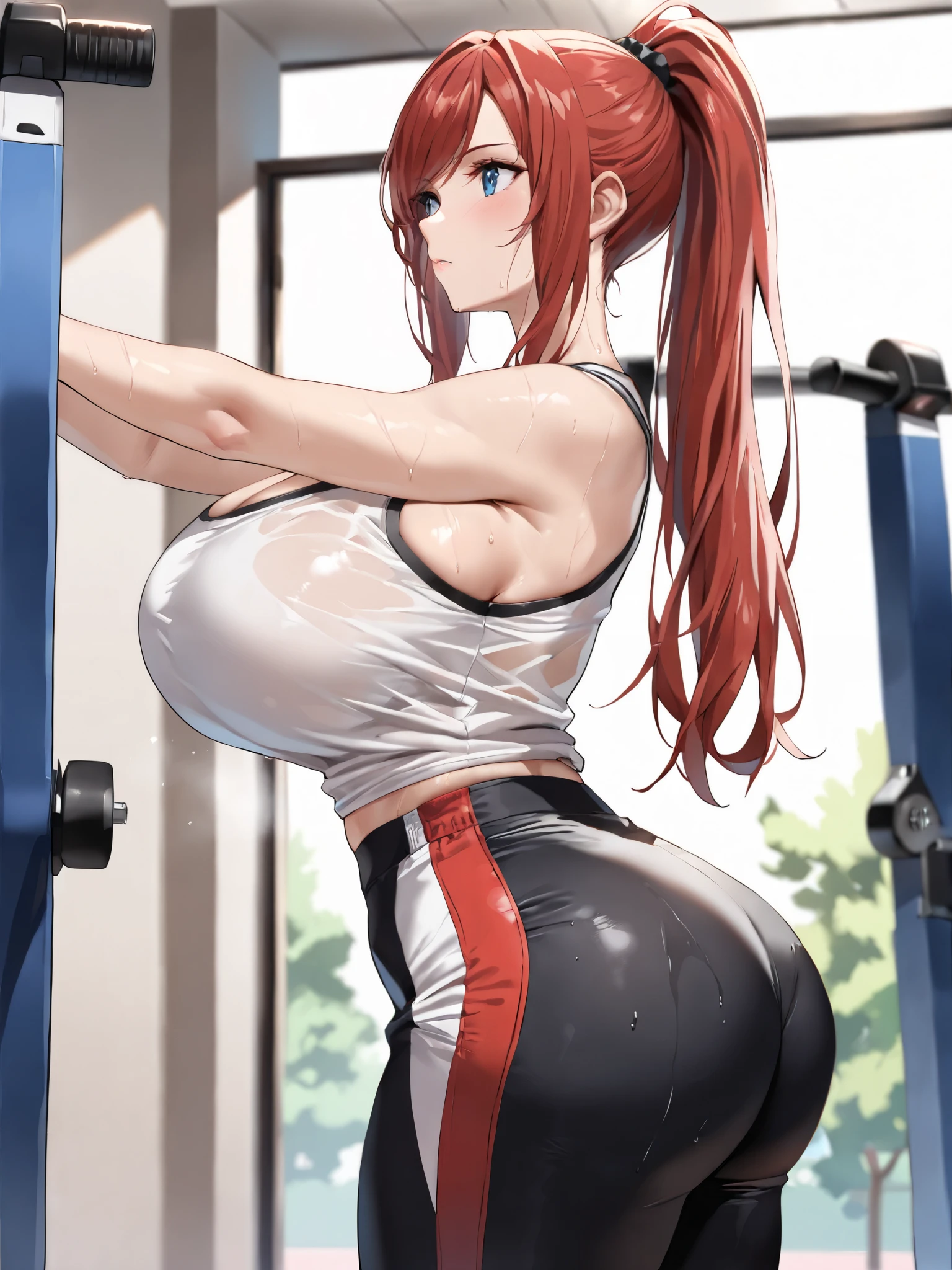 Code geass, Kallen kozuki, 1girl, (((bimbo))), blue eyes, puffy lips, painted lips, thick lips, wide hips, thick thighs, big breast, huge ass, revealing cleavage, erotic, Smile face, bubble butt, cameltoe, hanging breasts, in the gym, lifting weights, pink yoga pants, pink top, huge breasts, sweat, holding breasts, cum inside, xray, xray of uterus, holding cum inside stomach, white liquid inside groin,