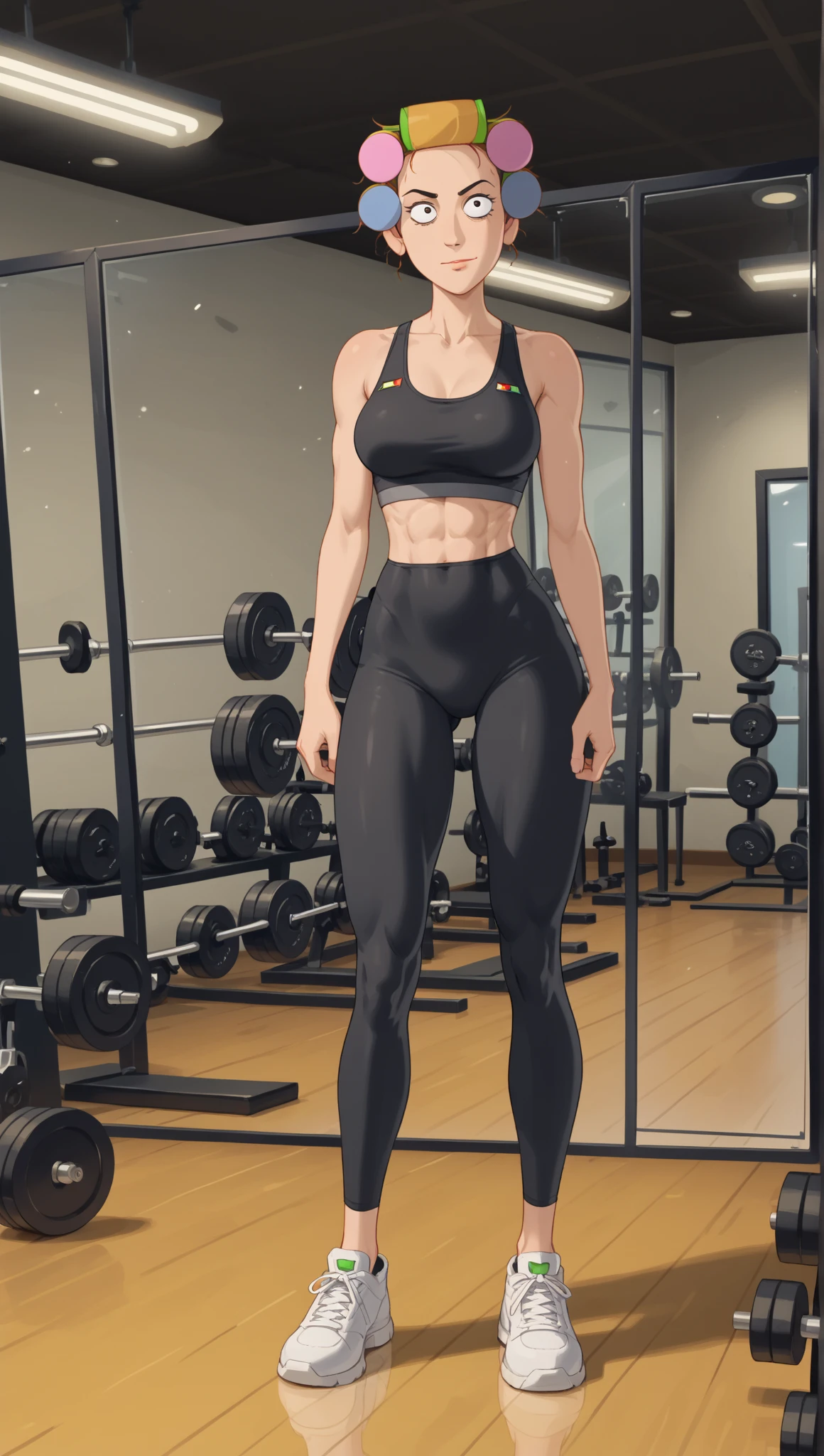 A woman with short black hair showing off her abs and biceps