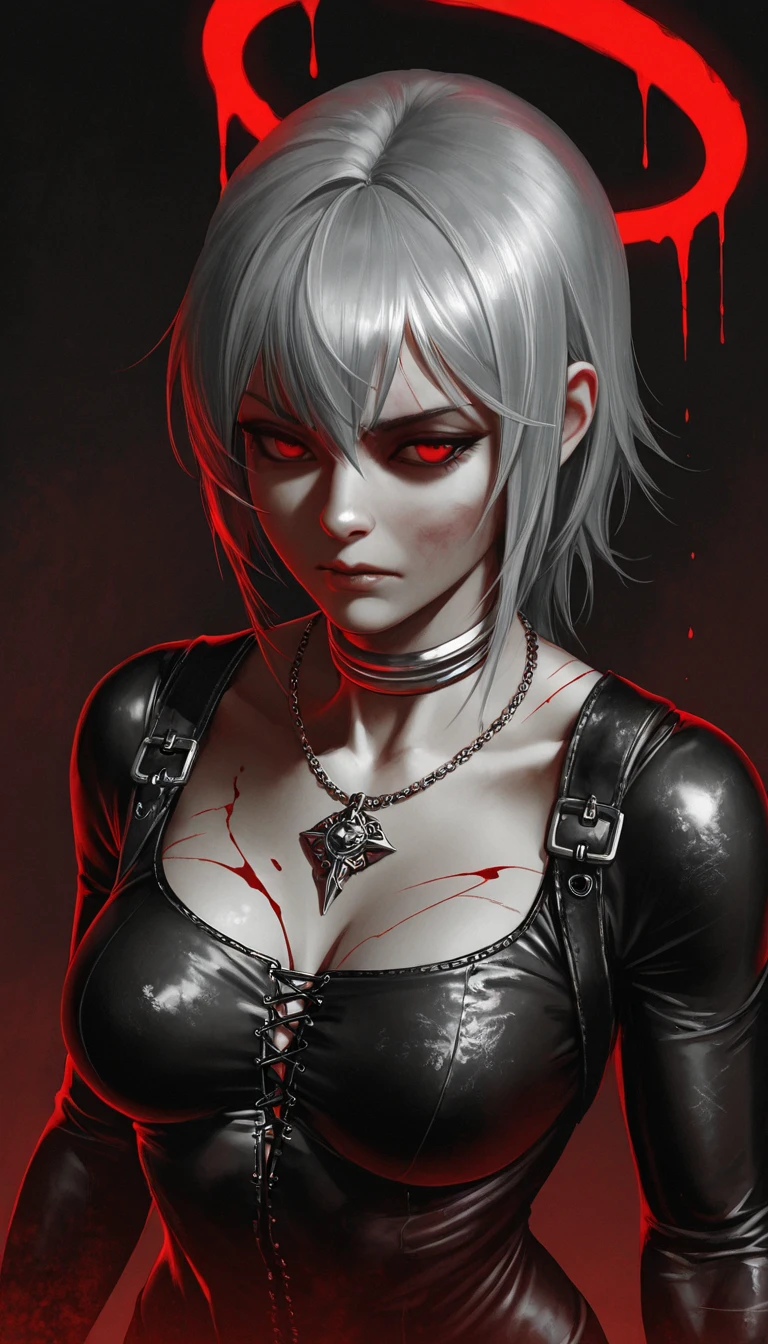a close up of a woman in a black and red costume, vampire of clan lasombra, with black metal face paint, dark goth queen, hyper - goth, scary queen of death, vampire queen, goth woman, beautiful vampire female queen, very beautiful goth top model, female vampire, gothic maiden, gothic face, sinister looking, in wlop style