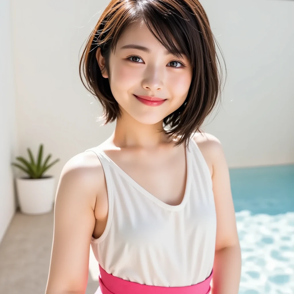 One girl, short hair,Black Hair,smile, summer, Public bath,locker room,Sitting on a bench,Hold your head high,5th grade elementary school, Look here, Change of clothes,Pink Tank Top,front,transparent, (masterpiece, Highest quality), Soft Light, Structure of the film, Like a movie