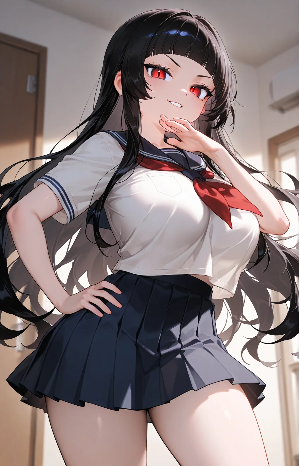 (masterpiece、highest quality、Super detailed)、One girl、Black Hair、Long Hair、Grey Eyes、smile、big breasts、((serafuku))、Short sleeve、((miniskirt))、Cowboy Shot、Classroom Background