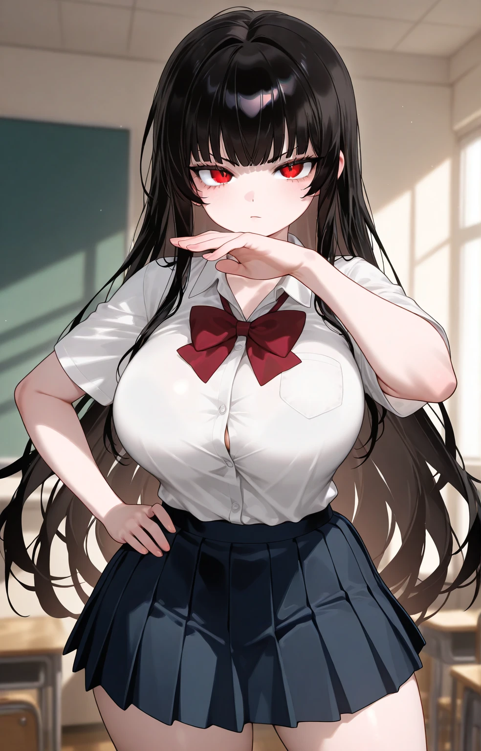 Crimson eyes,Revealing sexy clothes,Fingers gently pull black stockings