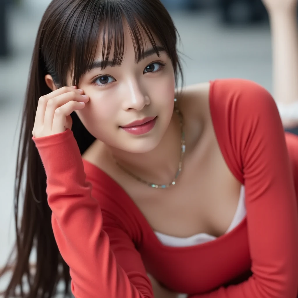 Highly detailed CG unity 8k wallpaper, of the highest quality, Super detailed, masutepiece, Realistic, photographrealistic, extremely detailed cute girl, 25yo, cleavage , (perspired) ,  Round eyes, peeping at the viewer,  Blush, Smile, parted lip, Semi-body shot , Realistic、track suit、Realistic reproduction with vests ,  Panties , Squat, sports gym