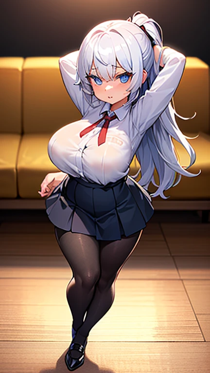A woman, big breasts, white hair with pink tips, blue eyes, long straight hair, playboy bunny, inside the classroom, cute
