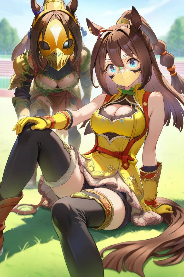 anime coloring, official art, high definition, amazing quality, best quality, very aesthetic, masterpiece, absurd, ECP, horse ears, horse tail, long hair, bangs, brown hair, ponytail, blue eyes, ECP_Monk, yellow mask, yellow domino mask, armor, sleeveless, cleavage, cleavage cutout, gloves, black thighhighs, clothing cutout, boots, official alternate costume