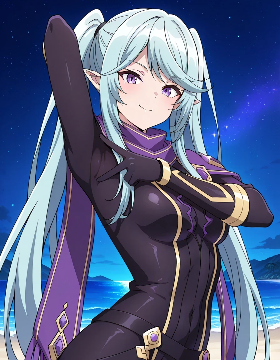 epsil0n, pointy ears, very long hair, sidelocks, aqua hair, twintails, purple eyes,
purple scarf, black bodysuit, gold trim, black gloves, small breasts, anime screencap, shiny skin, high quality, solo, upper body, (contrapposto), v, spread armpit, presenting armpit, hand behind head, closed mouth, night sky, beach, looking at viewer, smile, best quality