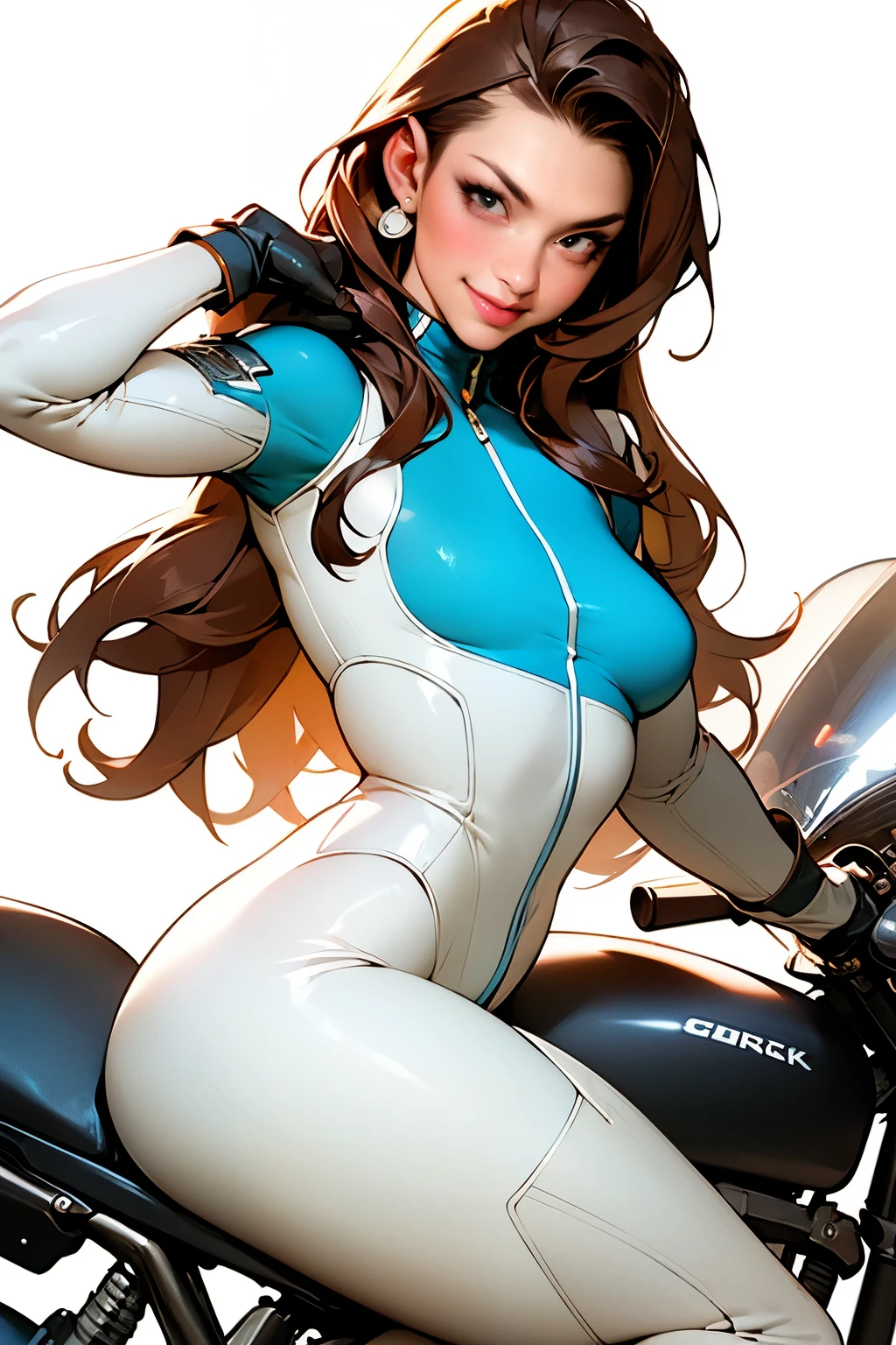 masterpiece, (masterpiece, top quality, best quality),1girl, solo, bodysuit, breasts, long hair, white background, smile, simple background, medium breasts, helmet, looking at viewer, skin tight, sitting, lips, blue bodysuit, motorcycle, black gloves, gloves