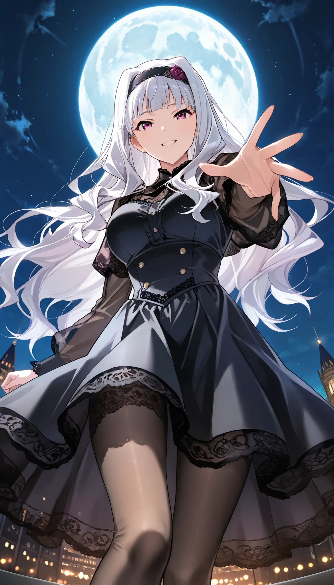 score_9 , score_8_up , score_7_up , source_anime ,1 woman, solo, Shijou Takane, white hair, long hair, BREAK, purple eyes, black dress, lace tights, Simple headband, (Reaching out towards the viewer), (view audience), Smiling sweetly at the viewer, Dramatic Scene, (night sky background, A beautiful big round full moon), detailed face, best lighting, view from below, low angle