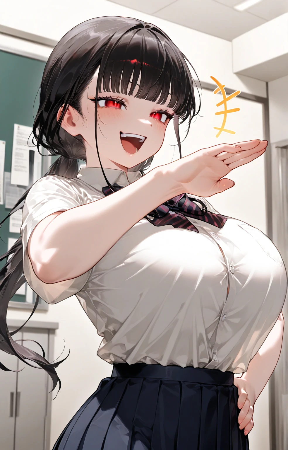 embarrassed face、panty pull, blushing、whole body、older sister、sexy panties、black hair ponytail、extensive and dense pubic hair
