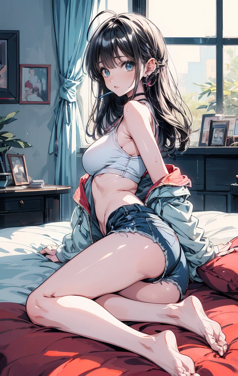 Create a high-quality, detailed image of a beautiful anime lofi girl with long hair, beautiful eyes. sitting at her gaming PC in her cozy gaming room. She is wearing a see-through tank top and no bra, and her midriff is showing. She also has on sleep shorts. The warm, inviting scene includes soft ambient lighting and comfortable seating. The room is illuminated by a small lamp, creating a serene and intimate atmosphere with a touch of sensuality