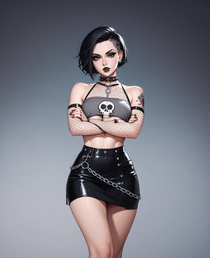 ((ultra quality)), ((tmasterpiece)), goth girl, ((short black hair bob haircut), ((there are piercings and rings in the ears)), Beautiful cute face, beautiful female lips, ((dark makeup)), charming beauty, ((sexy facial expression)), is looking at the camera, ((Skin color: white)), ((have tattoos on the body)), Body glare, ((detailed beautiful female eyes)), ((dark brown eyes)), beautiful female hands, ((perfect female figure)), ideal female body shapes, Beautiful waist, nice feet, big thighs, Beautiful butt, ((Subtle and beautiful)), seductively worth it ((closeup face)), ((wearing a black leather skirt and a black sleeveless tank top, black choker around the neck, black boots with a large platform, black stockings)), background: Threshold of the house, evening sunset, ((Depth of field)), ((high quality clear image)), ((crisp details)), ((higly detailed)), Realistic, Professional Photo Session, ((Clear Focus)), ((cartoon)), the anime, NSFW