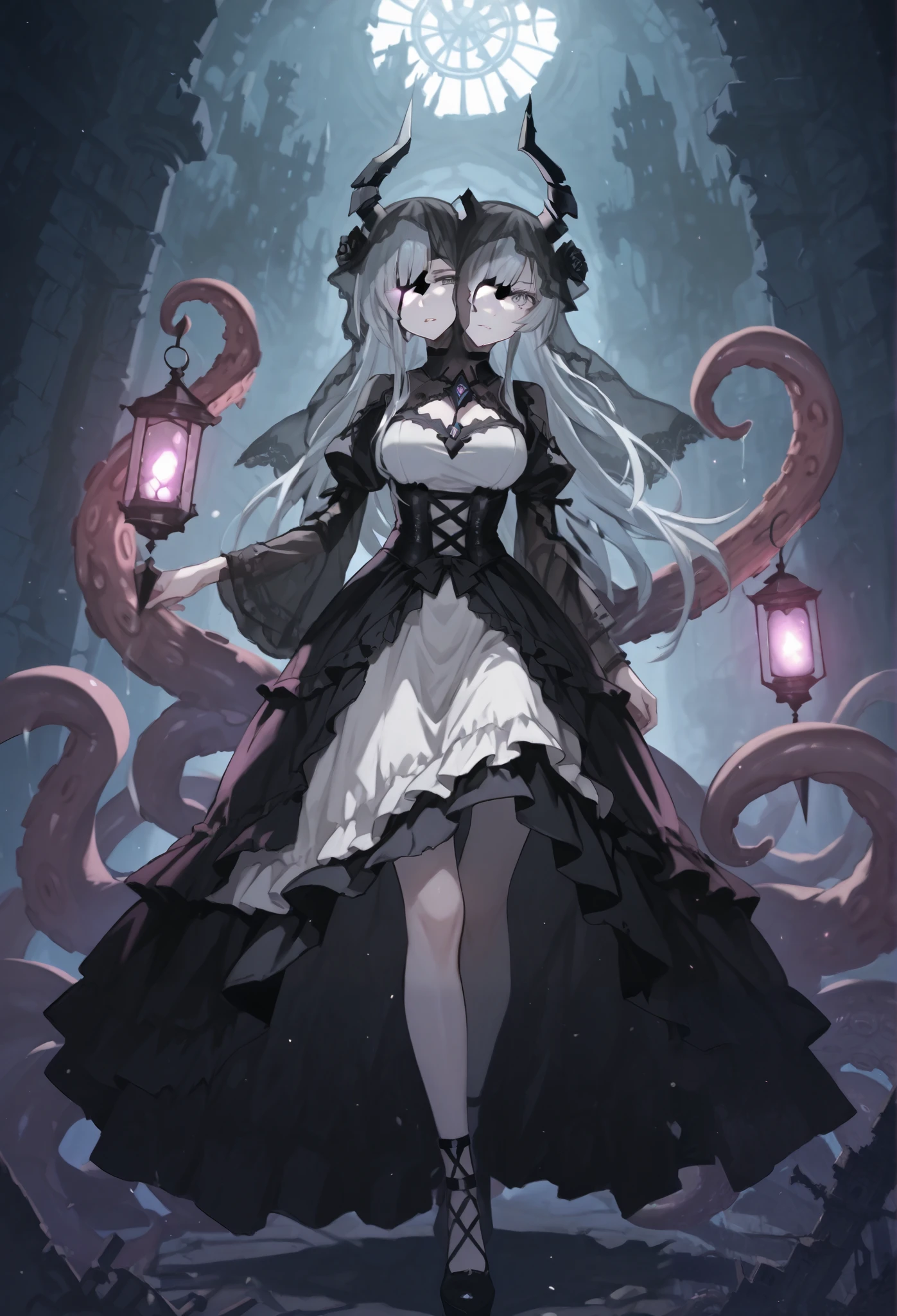 Two-headed woman. ((Twin heads)) ((One eye)) Silver hair. Long hair. Gothic dress. Black and white dress. Horns on her head. Mono-eye. Veil. Tentacles from behind. Tentacles with mouths. Lantern. A broken castle. Ruins.
