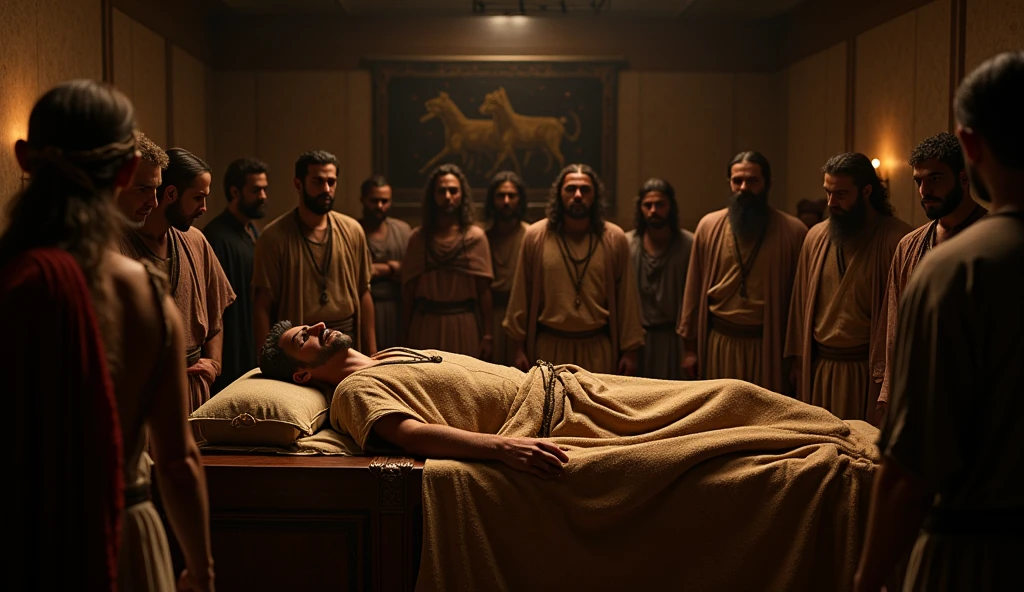 A serene, ethereal depiction of Alexander the Great’s body lying in state, untouched by decay, surrounded by awe-struck followers and mystical light emanating from his body, suggesting divinity. highly detailed, hd, ultra realastic, lifelike vision.