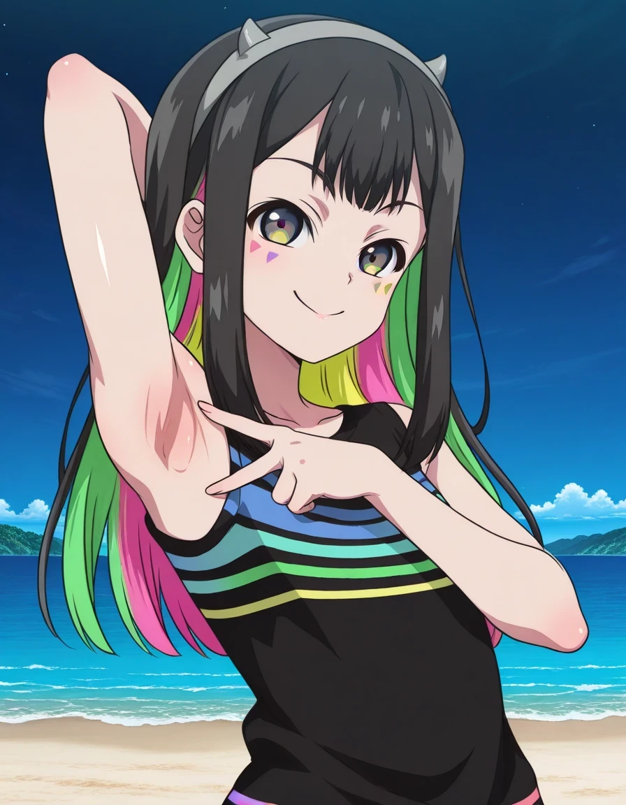 Nanairo Multi,multicolored hair,black shirt, striped shirt, hairband, sleeveless, facial mark, anime screencap, shiny skin, high quality, solo, upper body, (contrapposto), v, spread armpit, presenting armpit, hand behind head, closed mouth, night sky, beach, looking at viewer, smile, best quality