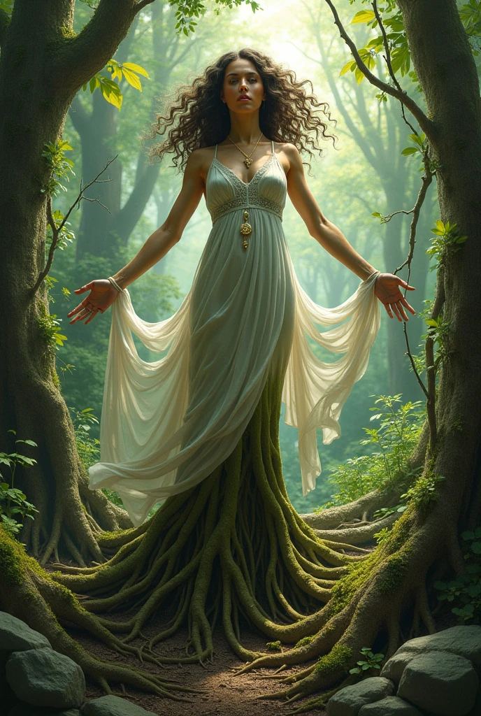 Woman rooted to the ground with arms outstretched looking like a Christian tree 