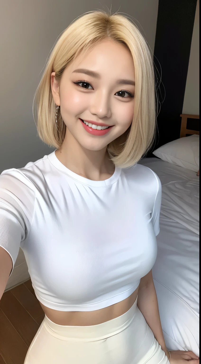 White tight shirt、White tight skinny mini skirt、bed、smile、Short sleeve、high resolution、Korean idol face、double eyelid、White teeth、Medium Hair