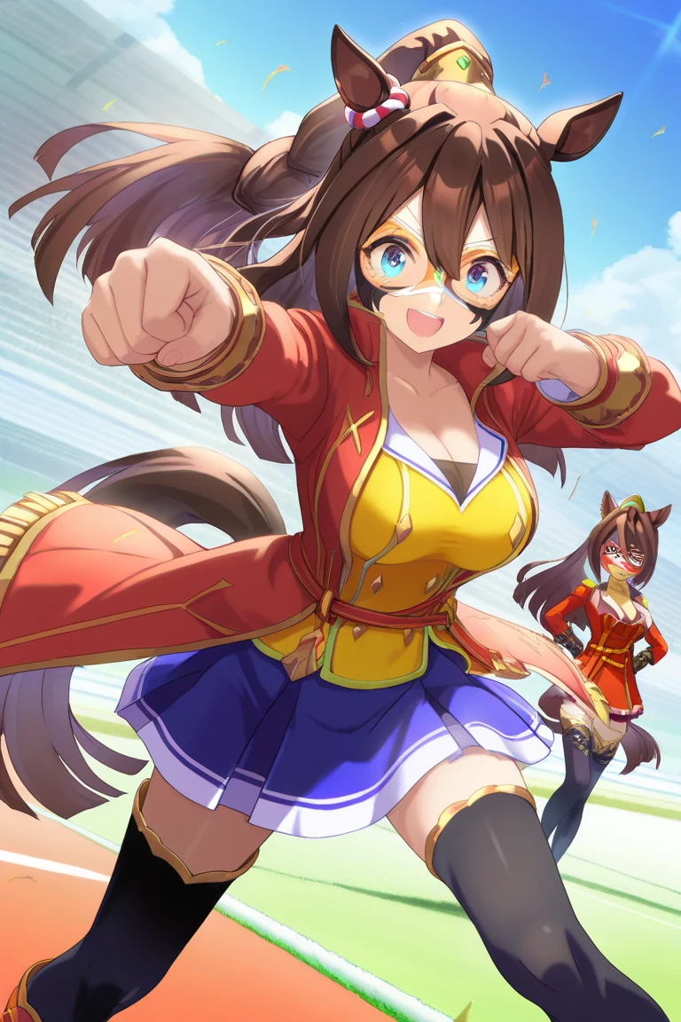 anime coloring, official art,high definition,amazing quality,best quality,very aesthetic,masterpiece,absurdres, ECP, horse ears, horse tail, long hair, bangs, brown hair, ponytail, blue eyes, ECP_Race, red mask, red domino mask, long sleeves, cleavage, blue skirt, red coat, yellow shirt, black thighhighs, red shoes, nega:jewelry, yellow mask, yellow domino mask