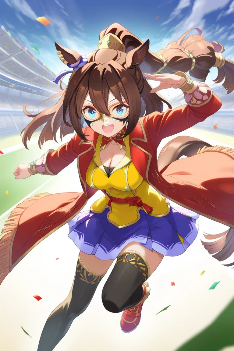 anime coloring, official art,high definition,amazing quality,best quality,very aesthetic,masterpiece,absurdres, ECP, horse ears, horse tail, long hair, bangs, brown hair, ponytail, blue eyes, ECP_Race, red mask, red domino mask, long sleeves, cleavage, blue skirt, red coat, yellow shirt, black thighhighs, red shoes, nega:jewelry, yellow mask, yellow domino mask