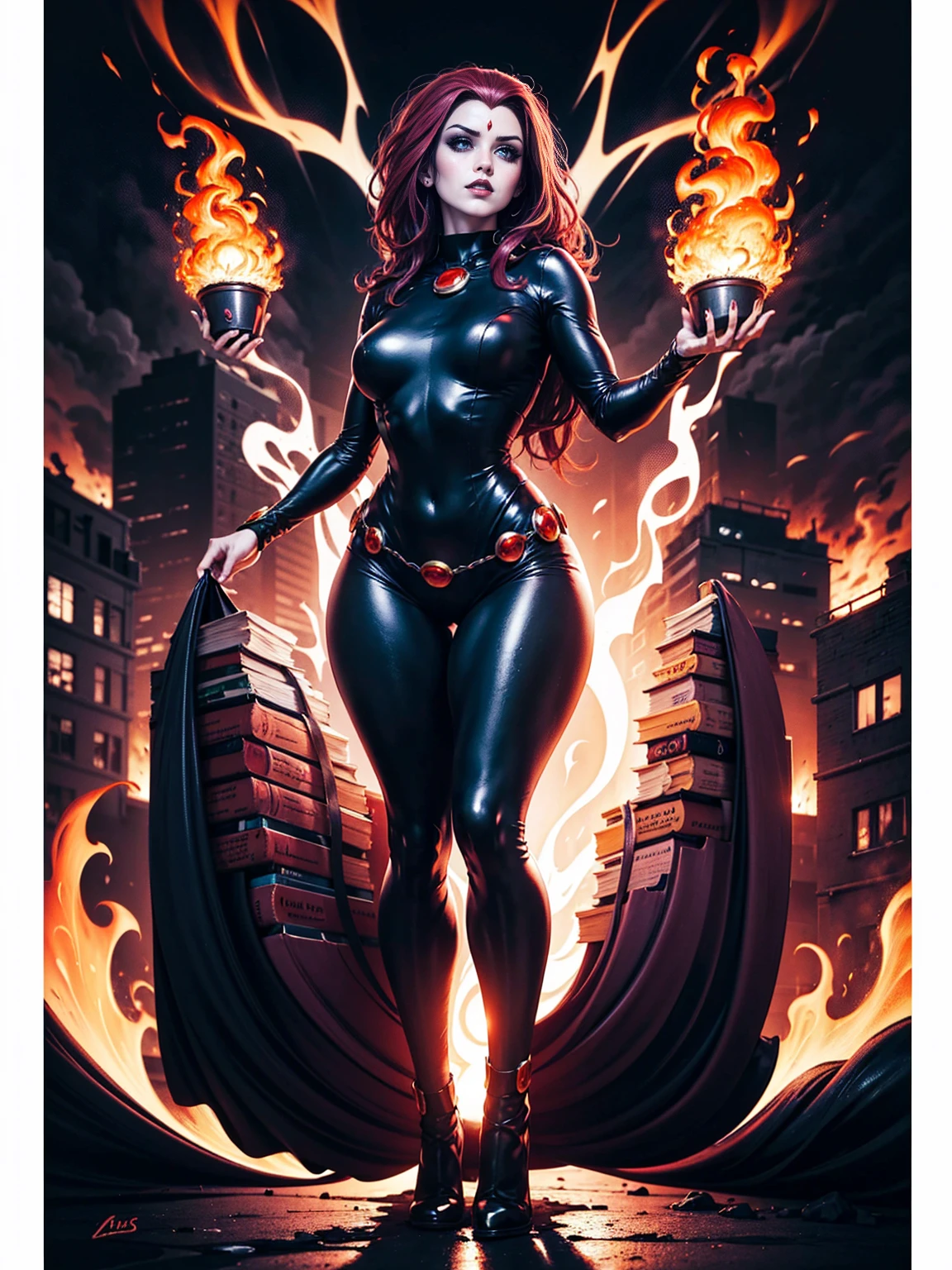 In the heart of a fiery, blazing city, a captivating woman with fiery red hair and intense, emerald green eyes stands defiantly. Dressed in dark, stylish clothes, she exudes an irresistible allure, her radiant, flawless skin contrasting starkly with the chaos around her. The city, a raging inferno, is depicted in intricate detail, buildings collapsing, and flames consuming everything in their path. The atmosphere is tense, charged with electricity, and the delicious scent of smoke and destruction lingers in the air. The woman's curves are accentuated by the dramatic lighting, her ample assets and hourglass figure on full display,