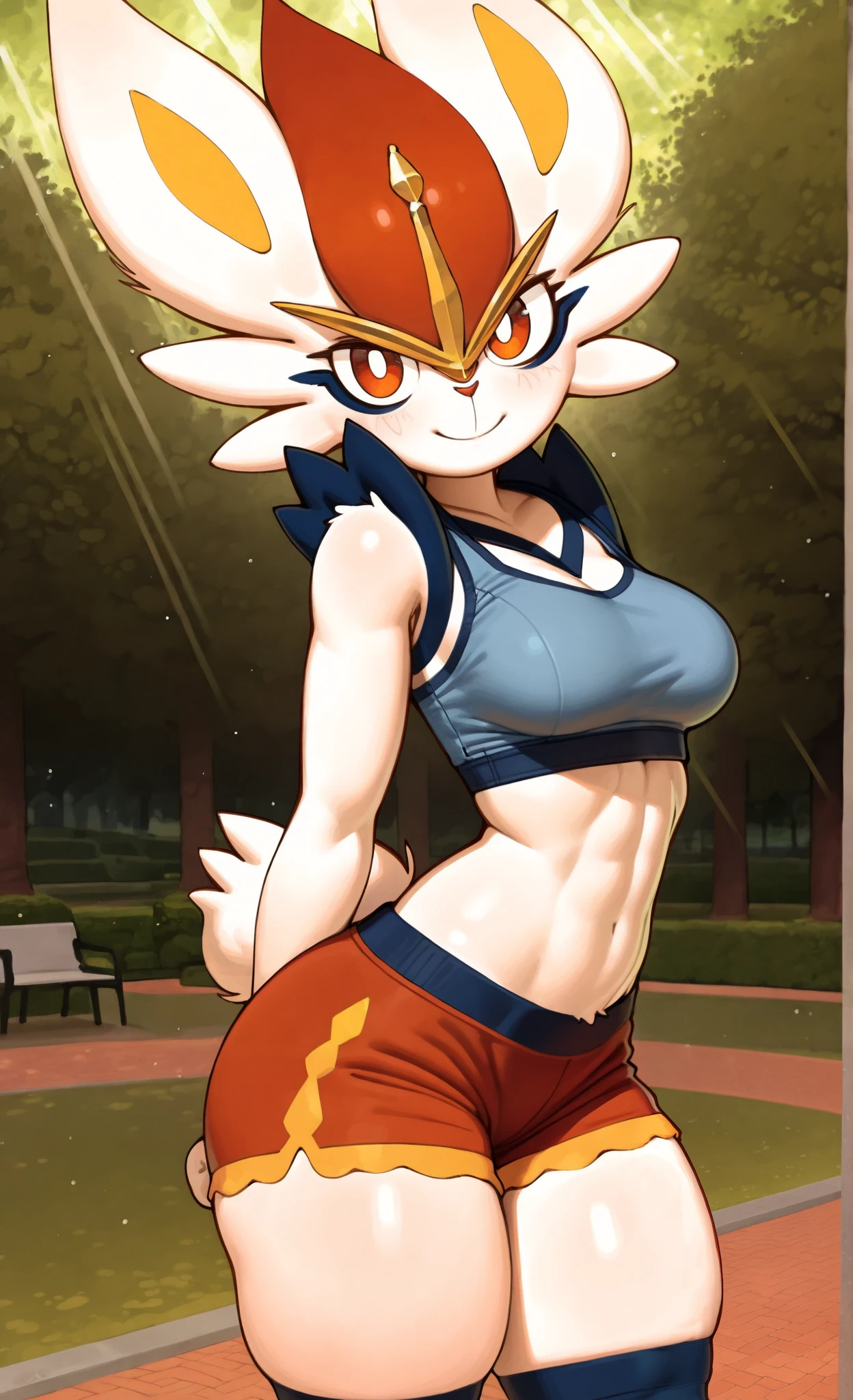 ((cinderace)), ((pokemon)), ((pixelsketcher:0.8)), ((wamudraws)), ((masterpiece)), ((high resolution)), ((solo portrait)), {(attractive figure), (athletic body), (medium breasts), (thick thighs), (white and red fur), (red ear fluff), (short fluffy rabbit tail), (cute orange eyes), (cute smile)}, {(blue sports bra), (orange shorts)}, {(standing), (looking at viewer)}, ((park)), ((sun rays))