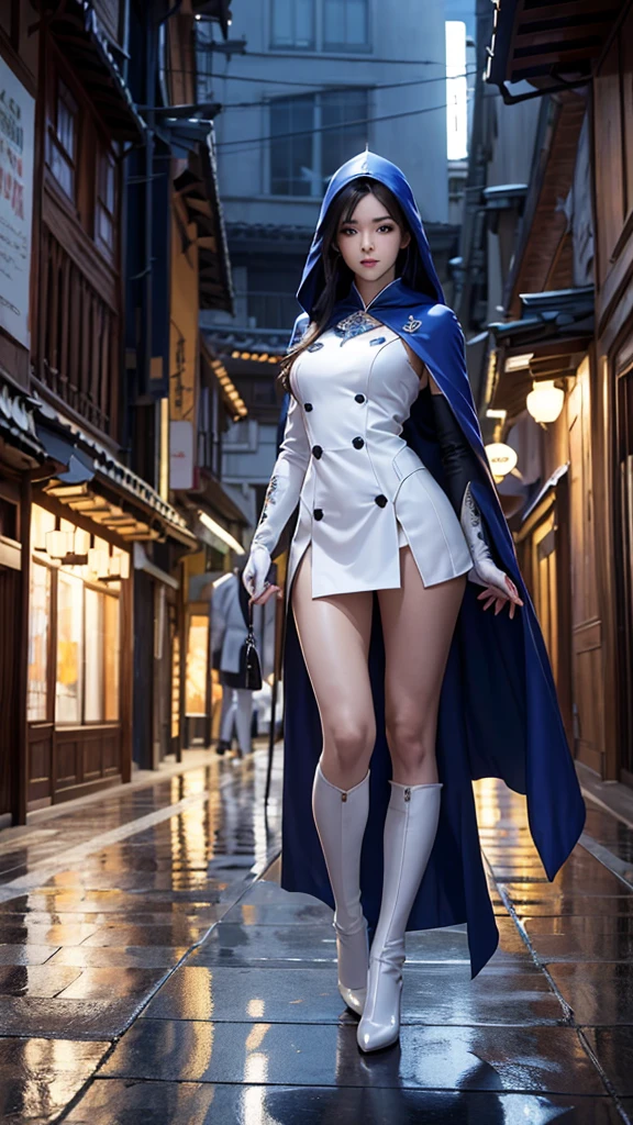 South korea asssassin's creed walk women mystery hooded on with modern royal Blue coat with long and wide sleeves with buttons and royal Blue cape and very high white heel over the knee and white gloves, As she reveals a small secret hidden blade coming from his palm , adding to the characters mysterious, with small movements of air on the cape, in summer at night under the rain, with buildings featuring curved eaves and detailed architecture. sophisticated and highly detailed, ultra hd, realistic, hyper detailed, enhanced colours, ultra sharp focus, with vibrant, rich in details High quality, gorgeous, captivating, 8k, super detailed, stunning shadows, detailed lines, blood stain on coat and gloves, corpses in the street recently murdered