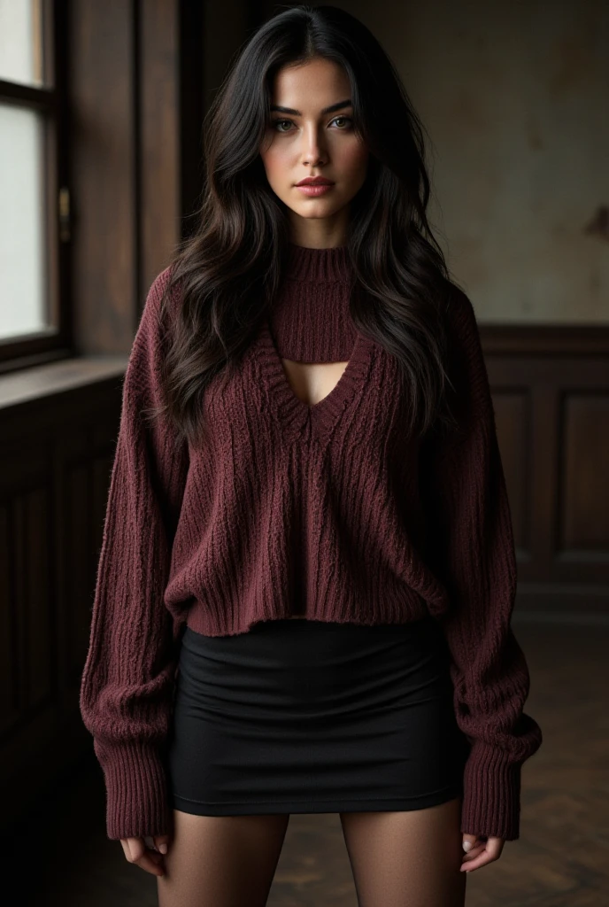 (Masterpiece,detailed, super high quality,In 4K,Highest qualityの高品質,extremely detailed,Attractive photos,Highest quality, In 4K, 8k, High resolution,Precise human body,Perfect garment:2),whole body,(Beautiful woman,Beautiful face line,Feminine body lines,Beautiful black hair,Fluffy long hair,Beautiful brown eyes)(Huge boobs:1.2)(Open Chest Sweater,impossible cloths,undersized cloth:1.1)/(leather micro mini skirt)