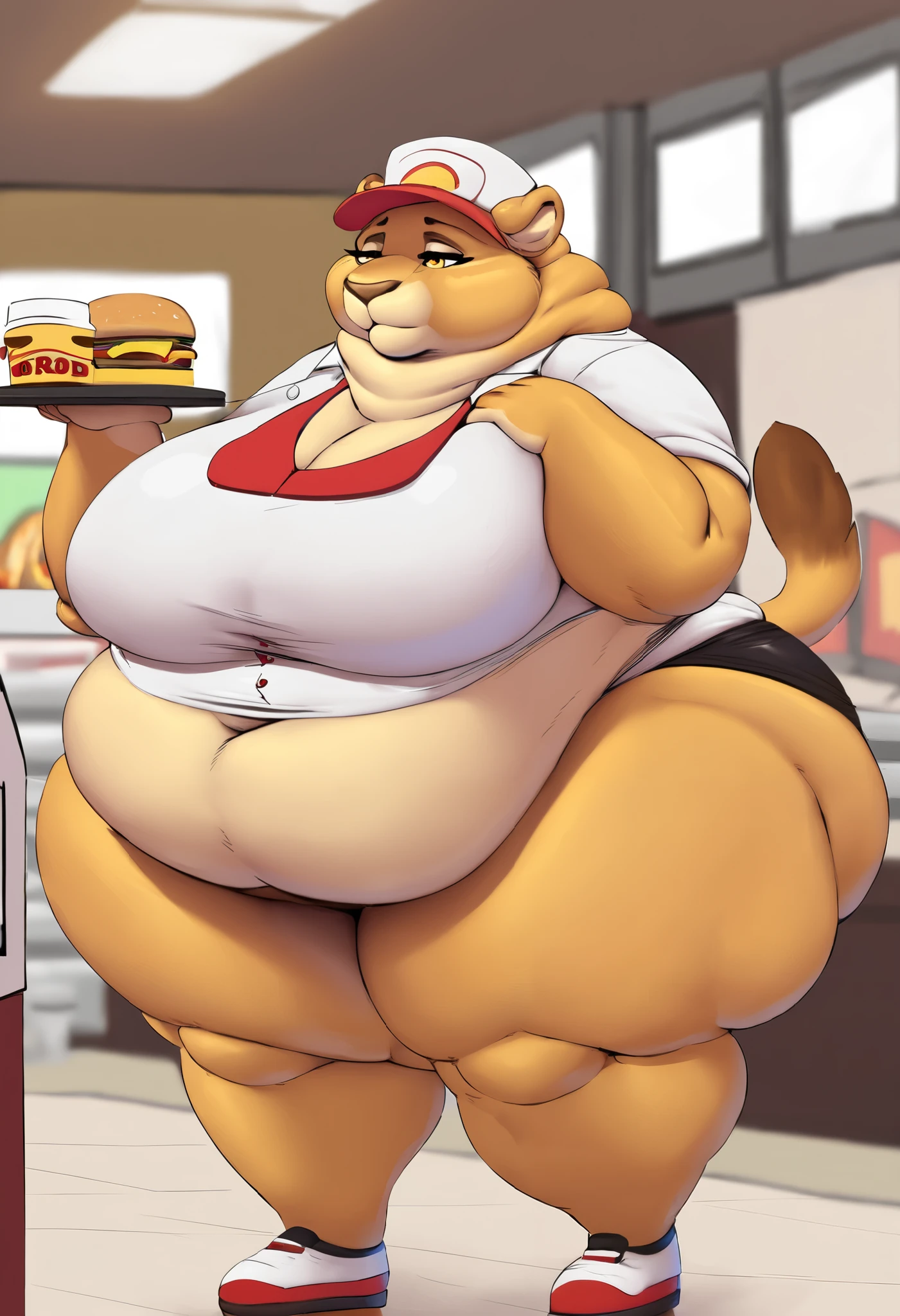 anthro masterpiece, best quality, an obese anthropomorphic brahman cow girl standing in an industrial slaughterhouse, cow, furry, obese, fat, ssbbw, white spotted fur, brown spots, blonde hair, straight hair, ((bottom-heavy, wide hips, hyper hips, hyper thighs,)) obese, naked, nude, digital art, masterpiece, 4k, fine details