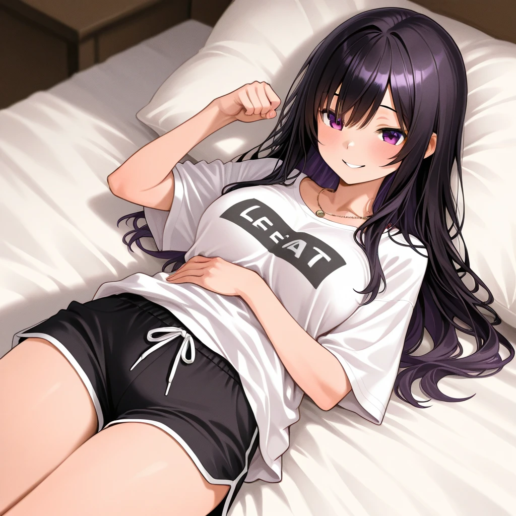 1girl, looking at the viewer, purple hair, lewd eyes, midriff, white shirt, bags, purple eyes, tongue, tongue_out,