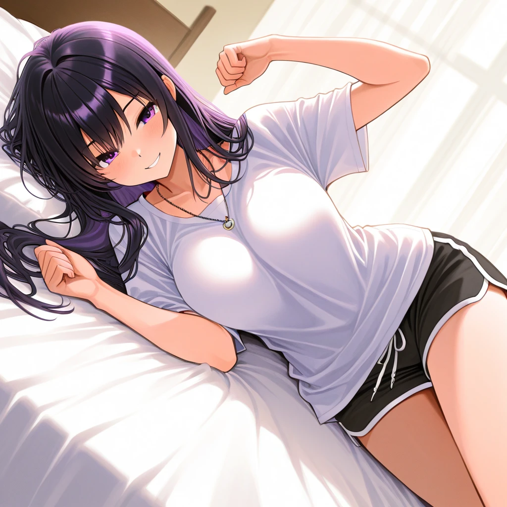 Elementary school girl, 8-year-old, infant Large Breasts, Black Hair, Long Hair, Purple eyes Proud look (One person) Plain white T-shirt Light pink panties ((I can see her panties)) barefoot girl'S Room Are standing She is showing off her panties and looks proud.. Dynamic Angle Low Angle