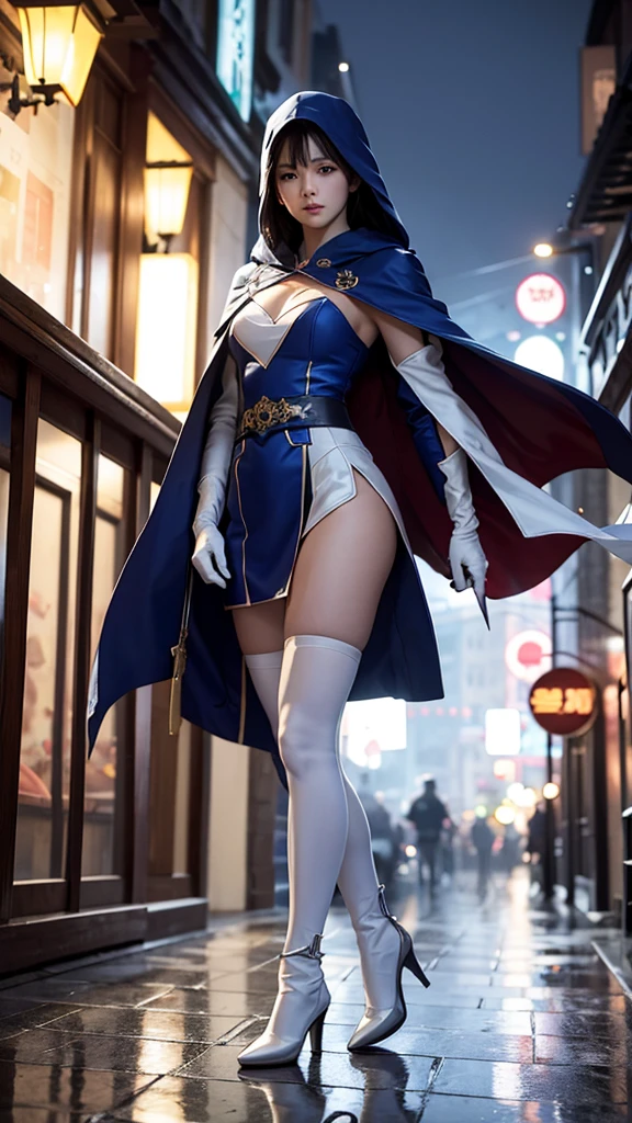 South korea  walk women mystery hooded on with modern royal Blue coat with long and wide sleeves with buttons and royal Blue cape and very high white heel over the knee and white gloves, As she reveals a small secret hidden blade coming from his palm , adding to the characters mysterious, with small movements of air on the cape, in summer at night under the rain, with buildings featuring curved eaves and detailed architecture. sophisticated and highly detailed, ultra hd, realistic, hyper detailed, enhanced colours, ultra sharp focus, with vibrant, rich in details High quality, gorgeous, captivating, 8k, super detailed, stunning shadows, detailed lines, blood stain on coat and gloves, corpses in the street recently murdered,