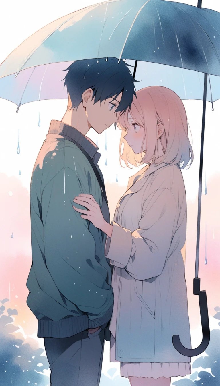 a boy and a girl in embrace on a bed, crying hugging scene,rain visible through a window, detailed anime style characters, sad, rainy window,8k, masterpiece, dramatic lighting