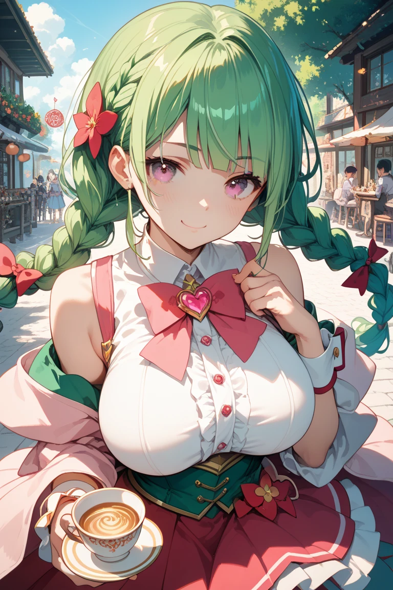Lori huge breasts cleavage，Red and white skirt，wearing school bag，wearing hat，Clover pattern，largeeyes，little mouth，dual horsetail，Dull hair，Elf ears