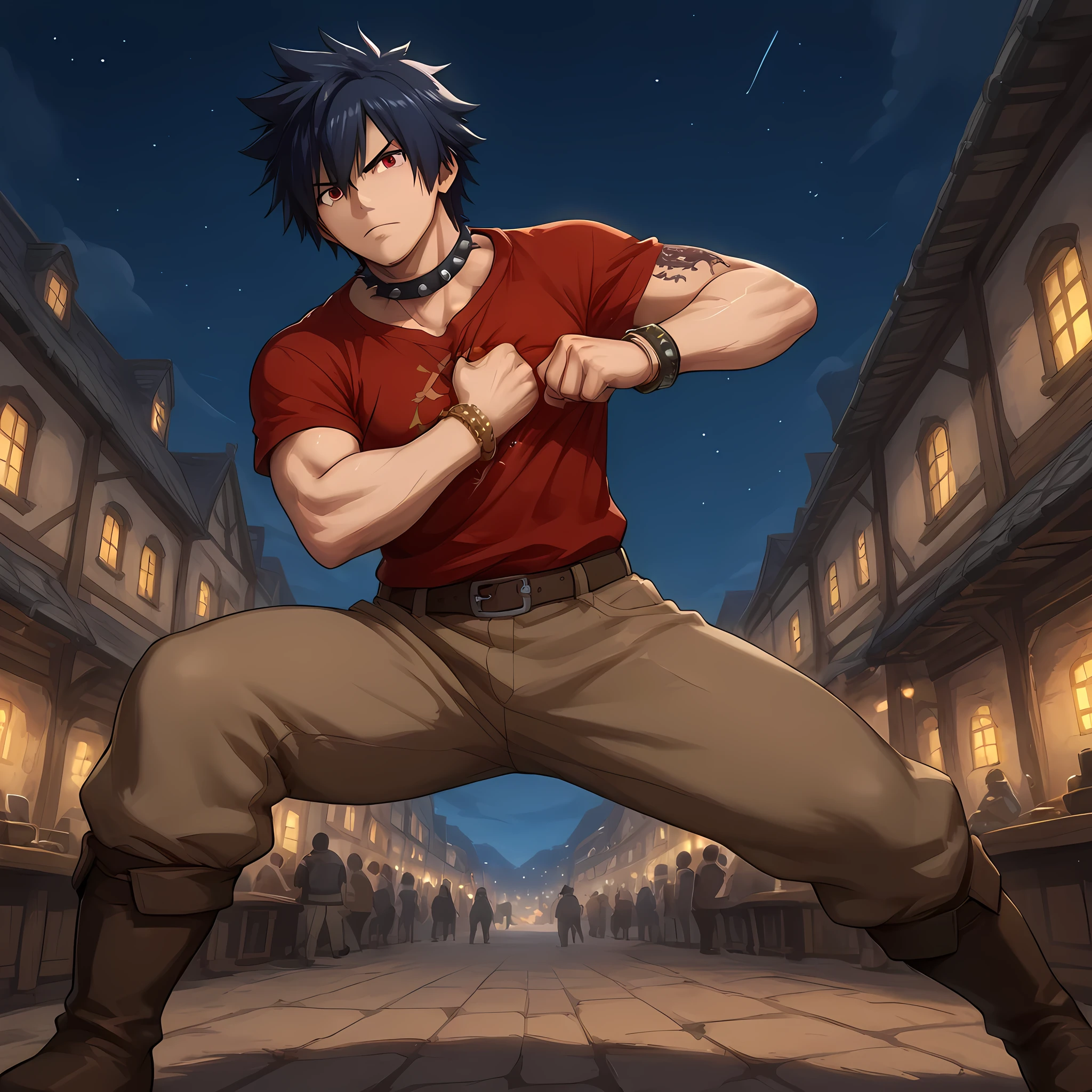 (a man similar to Gray Fullbuster, man with his back to the viewer, developed physique, worn red shirt tightening his , long brown pants, man clenching his fists and in battle pose, brown leather boots, spiked collar, red eyes, dragon tattoo on his right arm, bronze bracelets), BREAK, night sky, medieval city devastated, people running in the distance | best image quality, masterpiece, Full HD, scenery rich in detail, color balance, perfectly detailed eyes, rich facial details, better shading, lighting balance, spectator's point of view, (counter-dive angle).