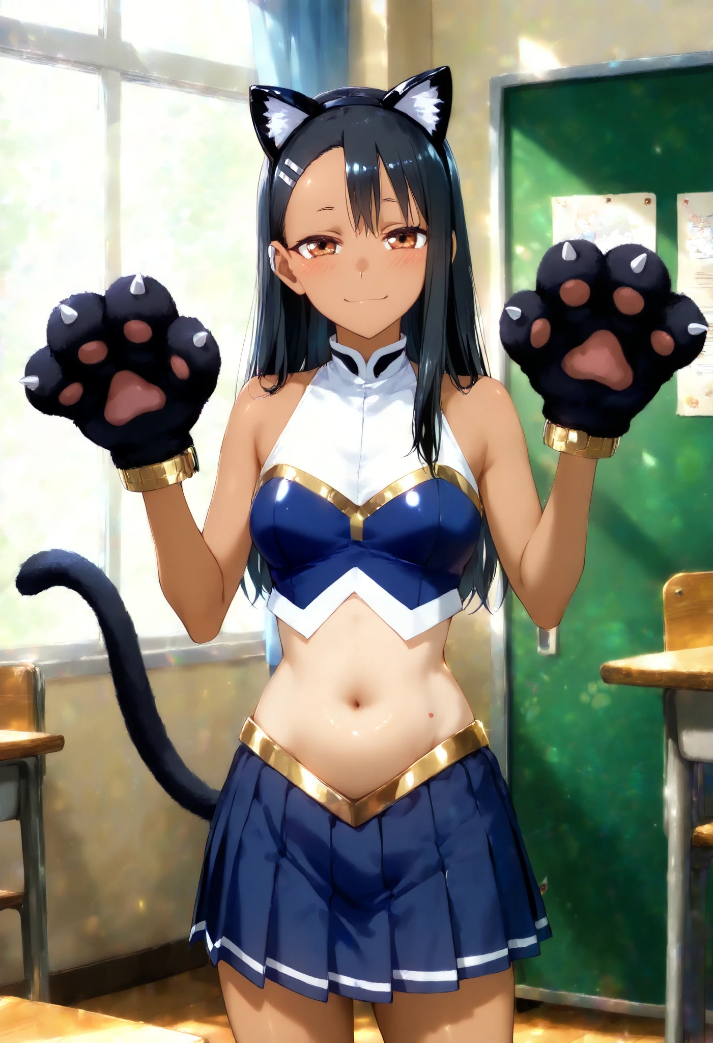 score_7_up, anime screen cap,
Nagatoro ,
1 girl, Alone, Closed Mouth, Light Blush, light smile,
Black Skin, long hair, black hair, asymmetrical bang, brown eyes, hair clip, earclips, fake animal ears, black hairband,
cat taro, crop top, sleeveless shirt, blue shirt, white shirt, belly button, gold trim, pleated skirt, Blue Skirt, paw gloves, Cat's tail,
standing, watch viewers, gap,
indoor, classroom